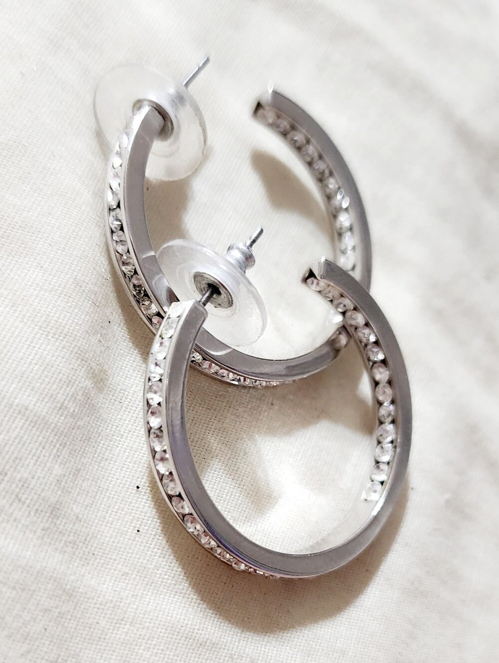 Classic Silver Hoop Earrings with Clear Crystal Rhinestones- Women Jewelry